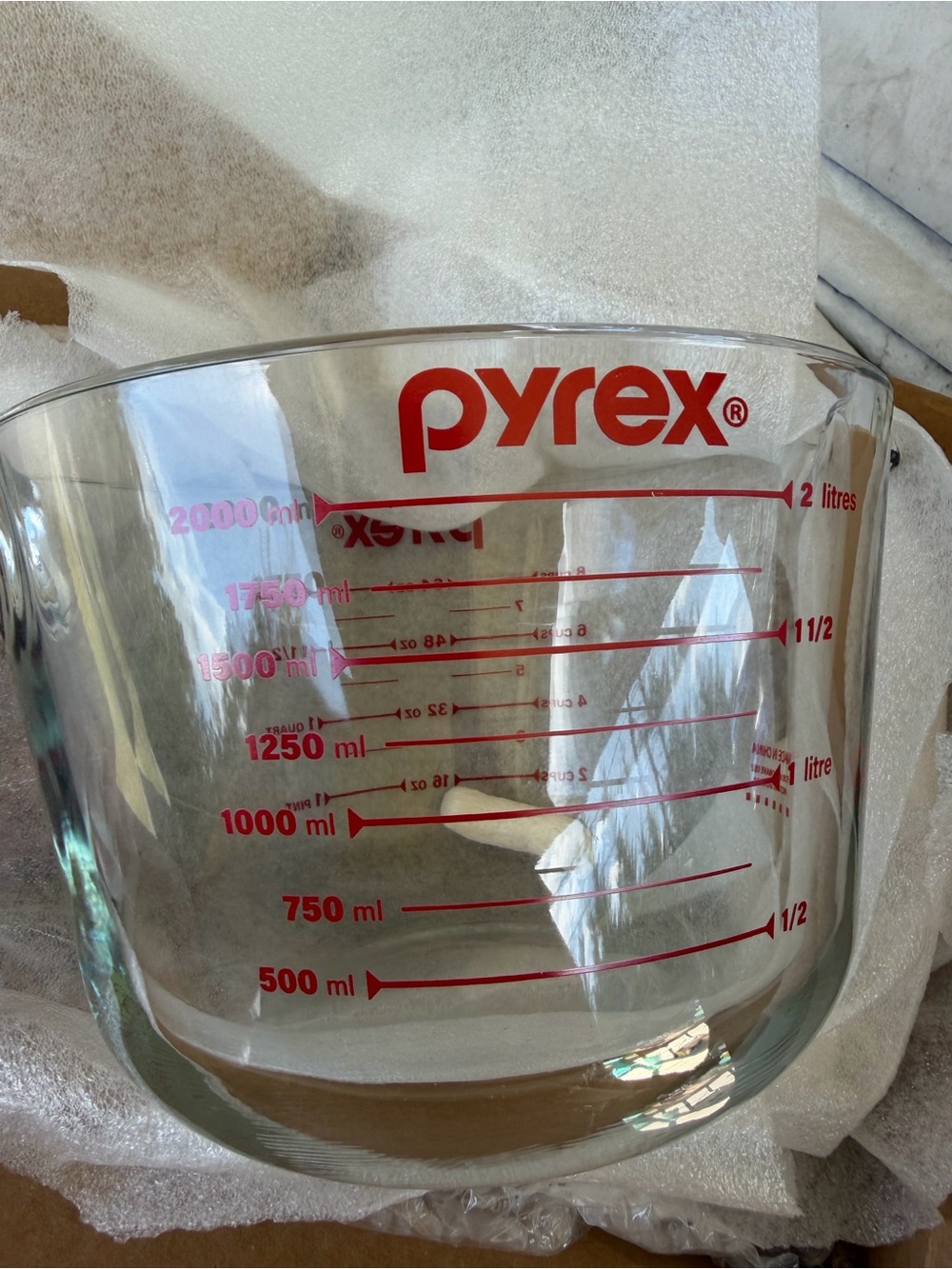Pyrex Clear Glass Mixing Bowl with Red Logo and Scale